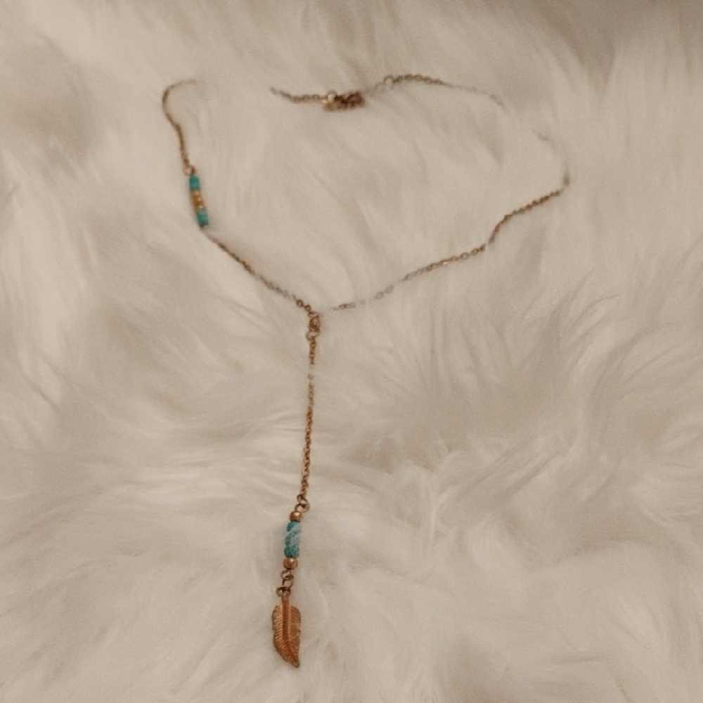Gold and Blue Y-Shape Necklace with Feather Pendant